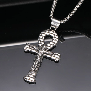 Silver Ancient Egyptian Ankh Cross Pendant with Crucifix and Box Chain on Black Mirror