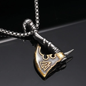 Viking Axe Pendant Necklace For Men Retro Two Tone Stainless Steel Nordic Valknut Skull Jewelry Punk Gothic Hip Hop Gift