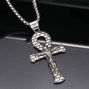 Retro Egyptian Ankh Cross Jesus Crucifix Pendant Necklace Distressed Stainless Steel Punk Hip Hop Religious Jewelry For Men