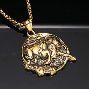 Vintage gold stainless steel necklace with round bull relief pendant for men