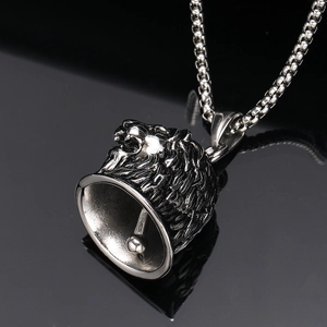 Collier pendentif cloche tête de lion argent vintage style punk gothique avec chaîne box