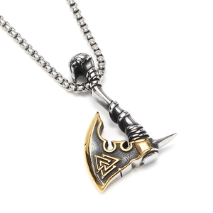 Viking axe pendant necklace with Valknut symbol in gold and silver vintage finish