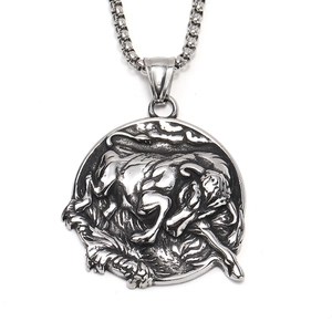 Retro punk style bull relief pendant necklace in silver titanium steel with box chain