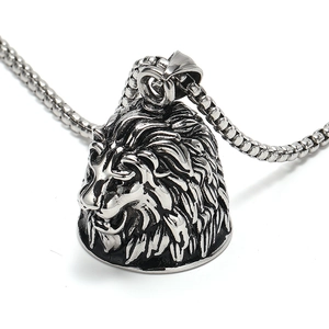 Pendentif cloche tête de lion punk vintage en acier poli avec chaîne box