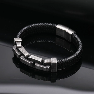 Bracciale in Pelle Intrecciata da Uomo Vintage Con Catena in Acciaio Inossidabile Stile Punk Invecchiato Gioielli Moto