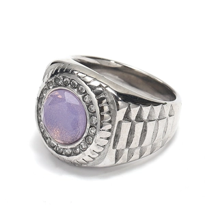 Vintage herenring van titaniumstaal met paarse druzy steen en geometrische gravering