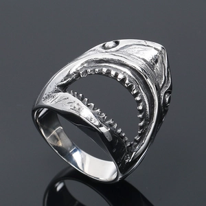 Vintage punk shark head stainless steel ring for men with mirror reflection