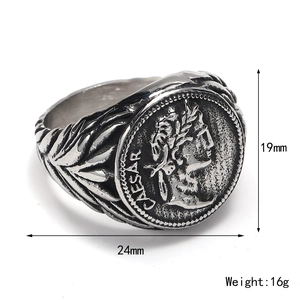 Vintage stainless steel Caesar coin ring with laurel leaf detail for men