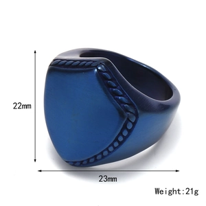 Blue shield-shaped stainless steel signet ring for men with textured rope edge design