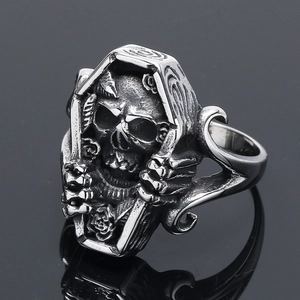 Gothic Coffin Skull Ring For Men Vintage Titanium Steel Distressed Skeleton Punk Rock Biker Jewelry Halloween Ring Gift