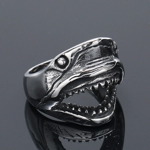 Macro view of vintage punk shark ring with detailed scales and sharp teeth texture