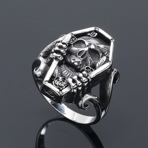 Gothic punk coffin skeleton ring in vintage silver finish with oxidized steel details