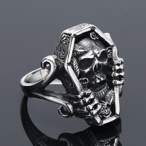 Gothic punk coffin skull ring in vintage stainless steel with rose relief design