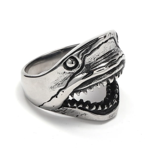 Vintage punk shark head ring for men in antique silver finish with detailed shark teeth