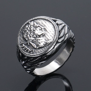 Retro Caesar coin head ring in stainless steel with vintage silver punk style for men