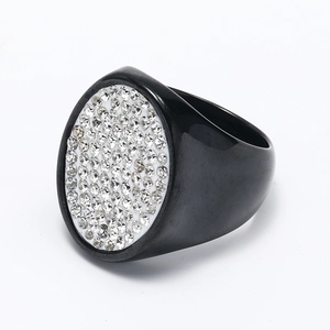Hip hop titanium steel ring with black and white pavé setting of sparkling rhinestones