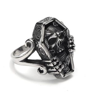 Gothic punk coffin skull ring in vintage silver-tone titanium steel for men