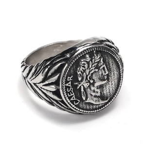 Men's retro Caesar coin signet ring in vintage silver finish with punk hip hop style