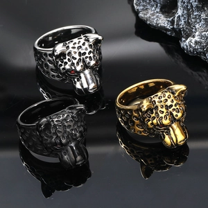 Leopard Head Ring Stainless Steel Red Gem Eye Punk Hip Hop Men Retro Animal Statement Jewelry