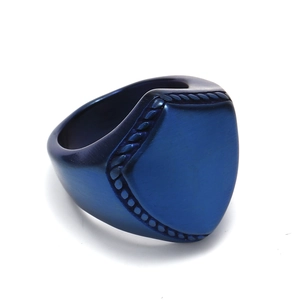Blue titanium steel shield ring with rope texture edge and brushed metal surface