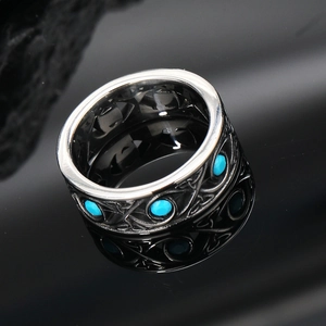 Anello retrò da uomo in acciaio con incisioni a vite e pietre turchesi blu
