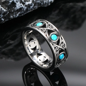 Anello retrò da uomo in acciaio inossidabile con pietre turchesi e nodi celtici