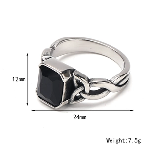 Retro Viking Celtic knot stainless steel ring with rectangle black onyx stone