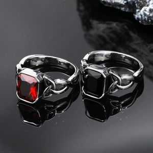 Vintage Viking Celtic Knot Men Ring Titanium Steel Retro Punk Gothic Rectangle Red Black Zirconia Inlaid Gemstone Jewelry