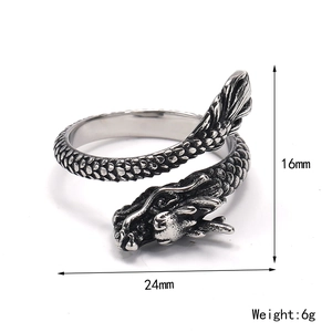 Retro chinese dragon open ring in silver stainless steel with detailed dragon scales