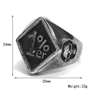 Detailansicht von Vintage 1%er Biker-Ring mit Totenkopf-Relief und Größenmaßen