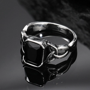 Retro Viking Celtic steel ring with faceted black gemstone and woven texture