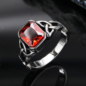 Vintage Viking Celtic steel ring for men with rectangular red gemstone and knotwork detail