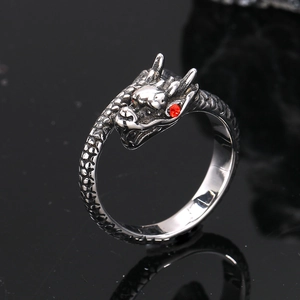 Retro punk dragon ring in silver titanium steel with red zircon eyes for men