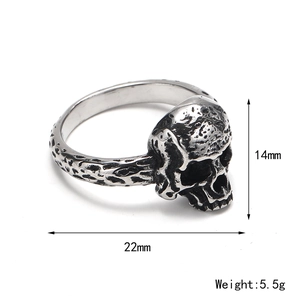 Vintage punk skull ring in silver stainless steel, gothic hip hop style for men, 22mm width