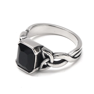 Retro Viking Celtic steel ring featuring a black rectangular gemstone on silver band