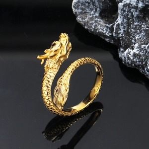 Vintage Chinese dragon open ring in polished gold finish with detailed scale texture