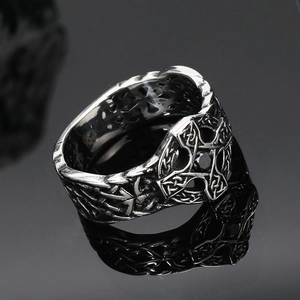 Vintage gothic cross ring in oxidized steel with black stone and Celtic knot patterns
