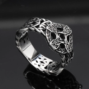 Retro stainless steel wide ring featuring Celtic knot carvings and black zircon stone