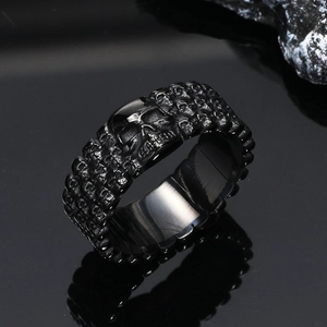 Anello teschio punk hip-hop da uomo, fascia larga in acciaio inossidabile nero gotico