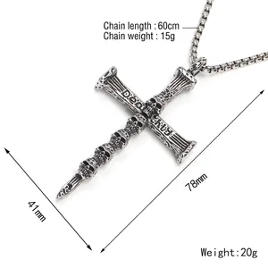 Punk style skull cross necklace in vintage silver stainless steel, 60cm length chain