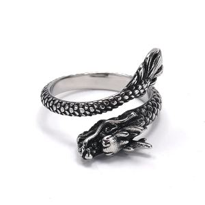 Retro chinese dragon open ring in vintage silver titanium steel for men and women
