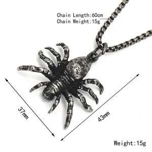 Vintage stainless steel spider pendant necklace for men with durable box chain detail
