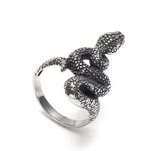 Retro punk style snake ring in silver finish with detailed scales and oxidized texture