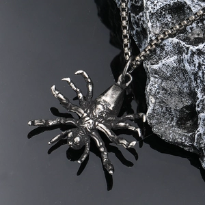 Vintage stainless steel spider pendant necklace with textured detail on a box chain