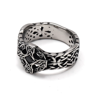 Retro Celtic cross ring in silver finish with a black gemstone center for men