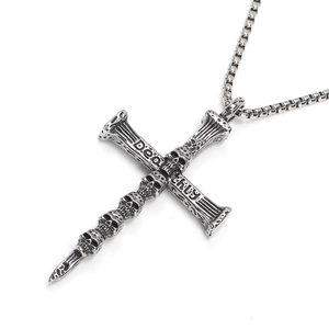 Hip hop style stainless steel skull cross necklace with Deathly engraving on white backdrop