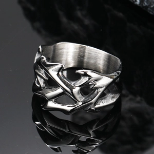 Gothic punk thorn vine stainless steel ring for men featuring silver metallic texture