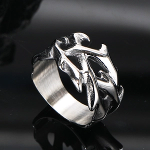 Macro shot of silver punk ring showing detailed thorn pattern and inner brushed texture
