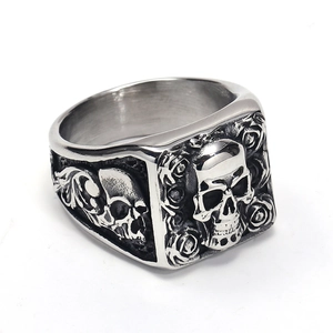 Gothic style stainless steel square ring with carved skull and rose relief patterns