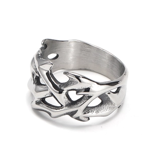 Punk style stainless steel thorn ring with hollow gothic design and silver polished finish